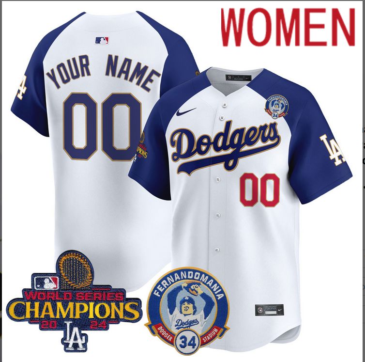 Women MLB Los Angeles Dodgers Custom white 2024 World Series Champions Patch Cooperstown Jersey style 12